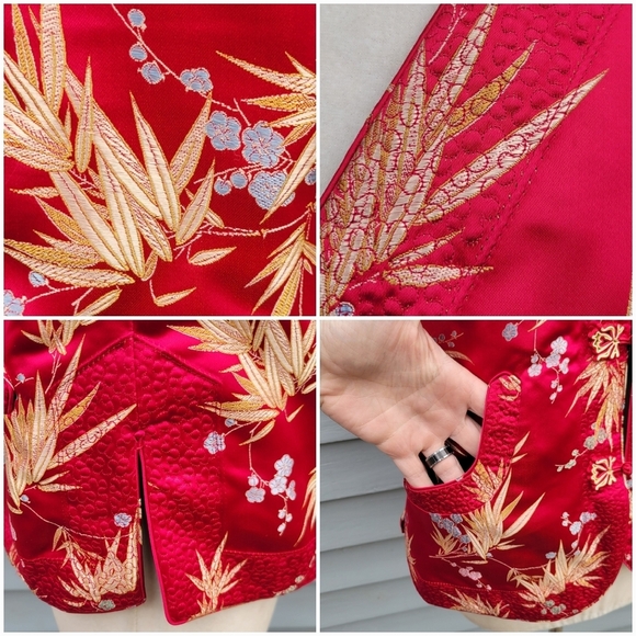 100% Silk Cheongsam Qipao Reversible Red Burgundy Floral Oriental Padded Vest Md - Picture 6 of 9